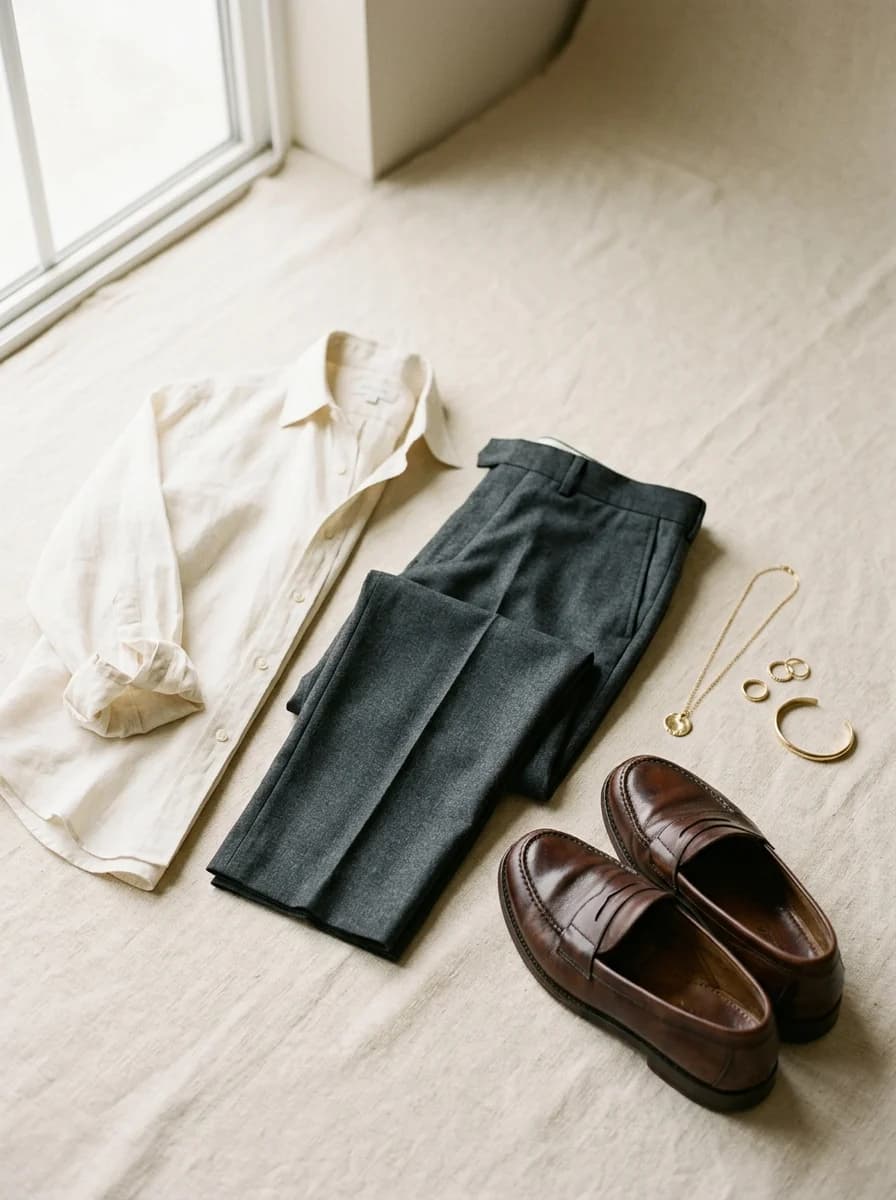 An ivory shirt, charcoal tailored trousers, brown loafers and gold jewelry arranged in soft daylight